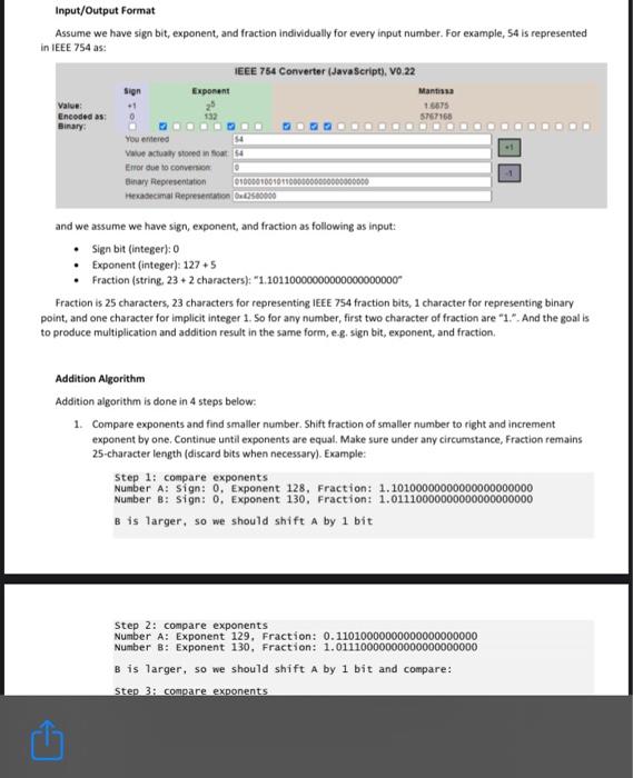 Input Output Format Assume We Have Sign Bit Exponent And Fraction Individually For Every Input Number For Example 54 1