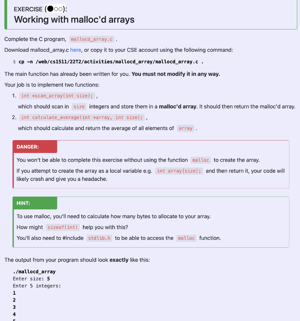 Exercise 00 Working With Malloc D Arrays Complete The C Program Mallocd Array C Download Mallocd Array C Here Or Co 1