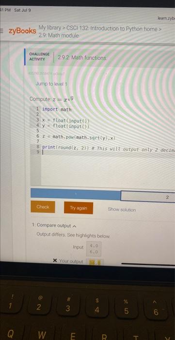 1pm Sat Jul 9 Zybooks Q My Library Csci 132 Introduction To Python Home 2 9 Math Module Challenge Activity Jump T 1