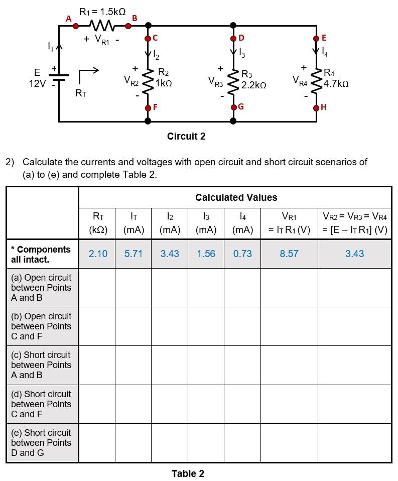 How To Calculate The Currents And Voltages With Open Circuit And Short Circuit Scenarios Of A To E From Table 2 R 1