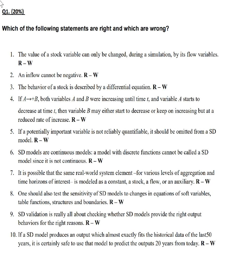 T Q1 20 Which Of The Following Statements Are Right And Which Are Wrong 1 The Value Of A Stock Variable Can Only B 1
