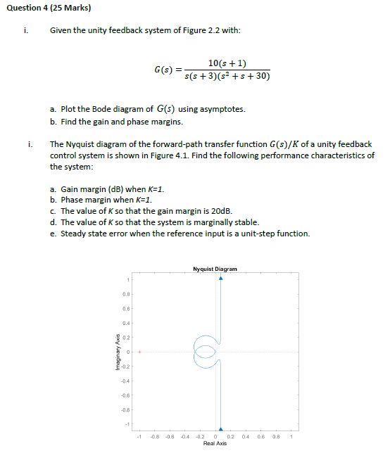 Question 4 25 Marks I I Given The Unity Feedback System Of Figure 2 2 With A Plot The Bode Diagram Of G S Using A 1