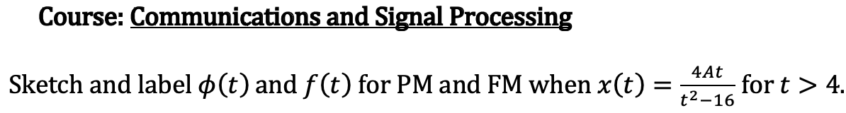 Course Communications And Signal Processing Sketch And Label T And F T For Pm And Fm When X T 4at T 16 For T 4 1