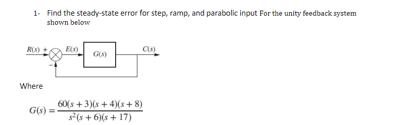1 Find The Steady State Error For Step Ramp And Parabolic Input For The Unity Feedback System Shown Below R S Wher 1
