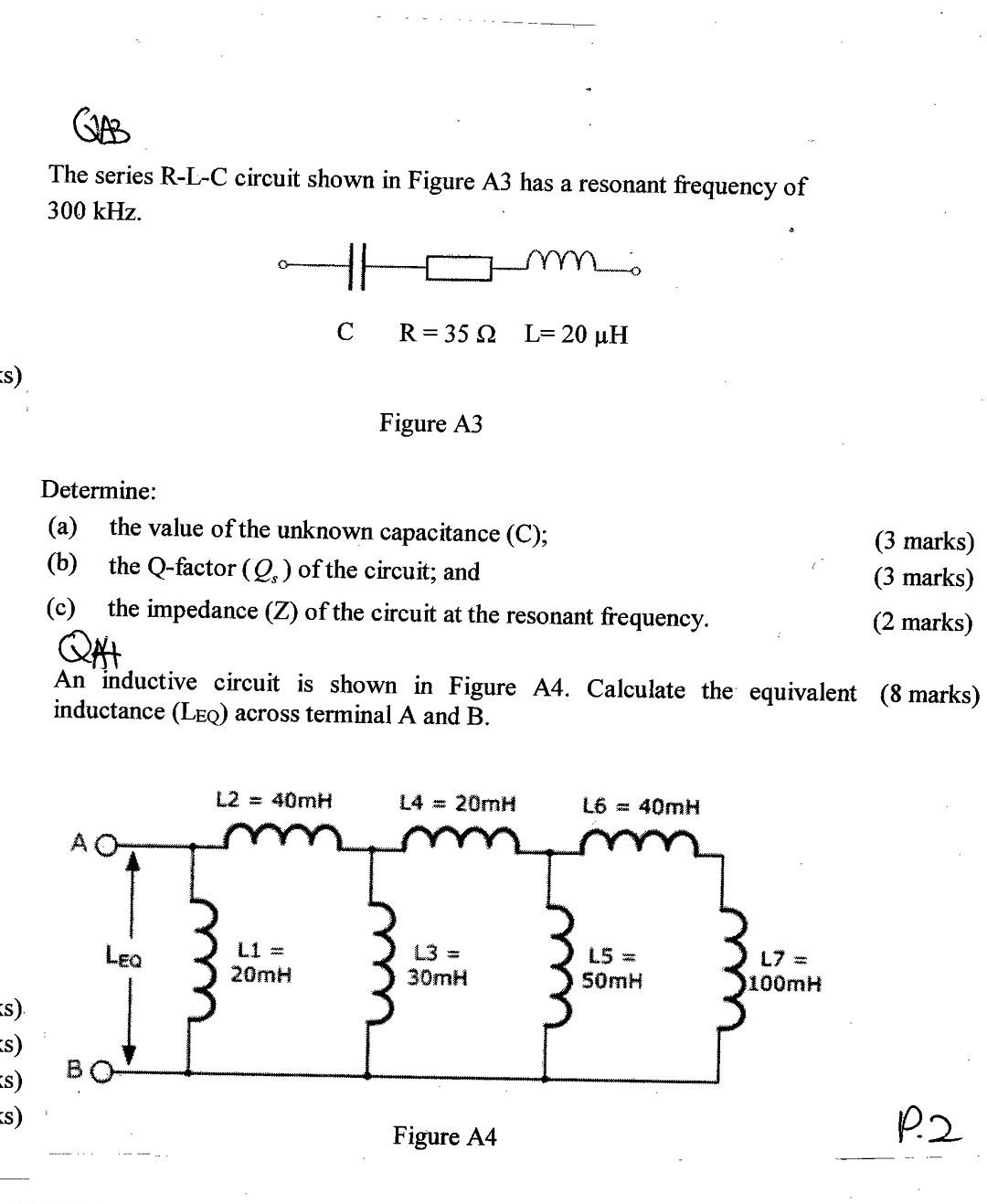 Es Es Es Es Es The Series R L C Circuit Shown In Figure A3 Has A Resonant Frequency Of 300 Khz No Determine Leq 1