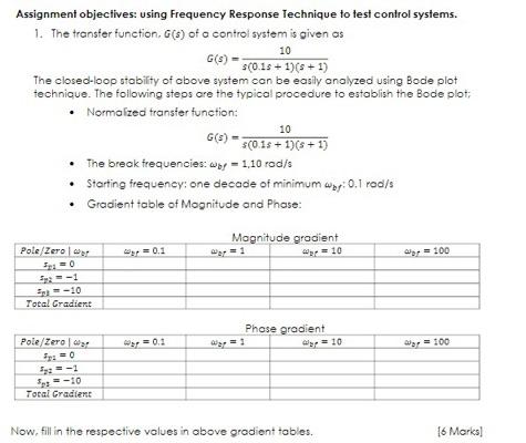 Assignment Objectives Using Frequency Response Technique To Test Control Systems 1 The Transfer Function G S Of A C 1