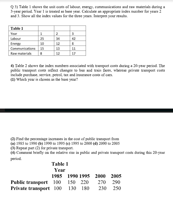 Q 3 Table 1 Shows The Unit Costs Of Labour Energy Communications And Raw Materials During A 3 Year Period Year 1 Is 1