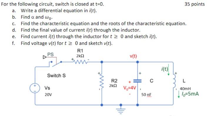 For The Following Circuit Switch Is Closed At T 0 A Write A Differential Equation In I T B Find A And Wo D C Fi 1