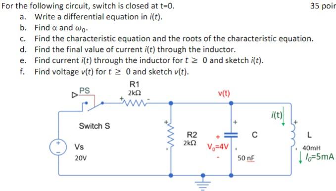 For The Following Circuit Switch Is Closed At T 0 A Write A Differential Equation In I T B Find A And Wo C Find 1
