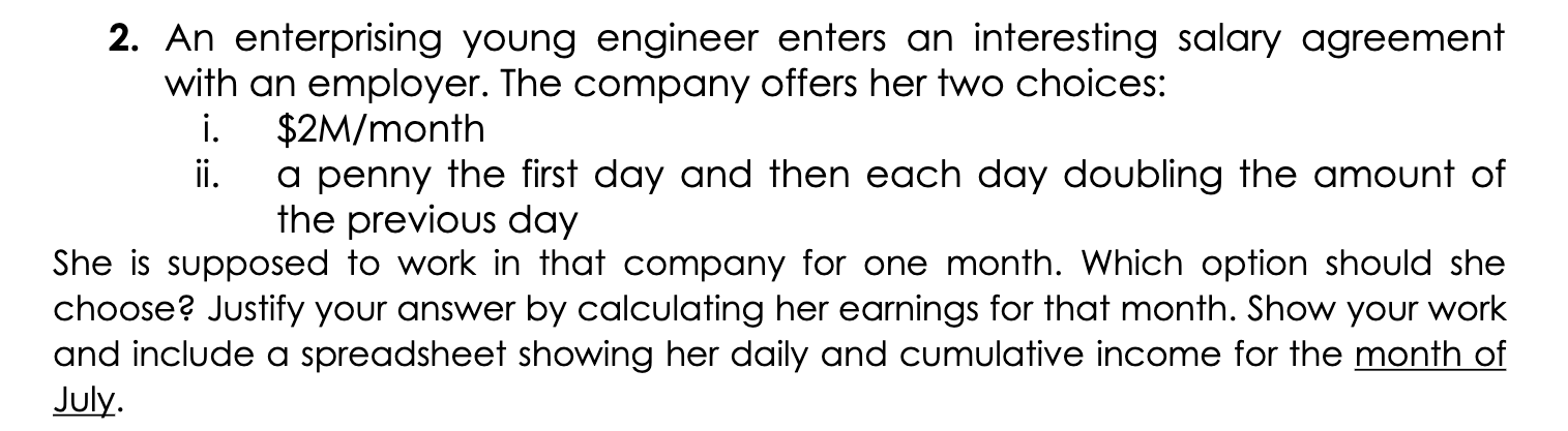 2 An Enterprising Young Engineer Enters An Interesting Salary Agreement With An Employer The Company Offers Her Two Ch 1