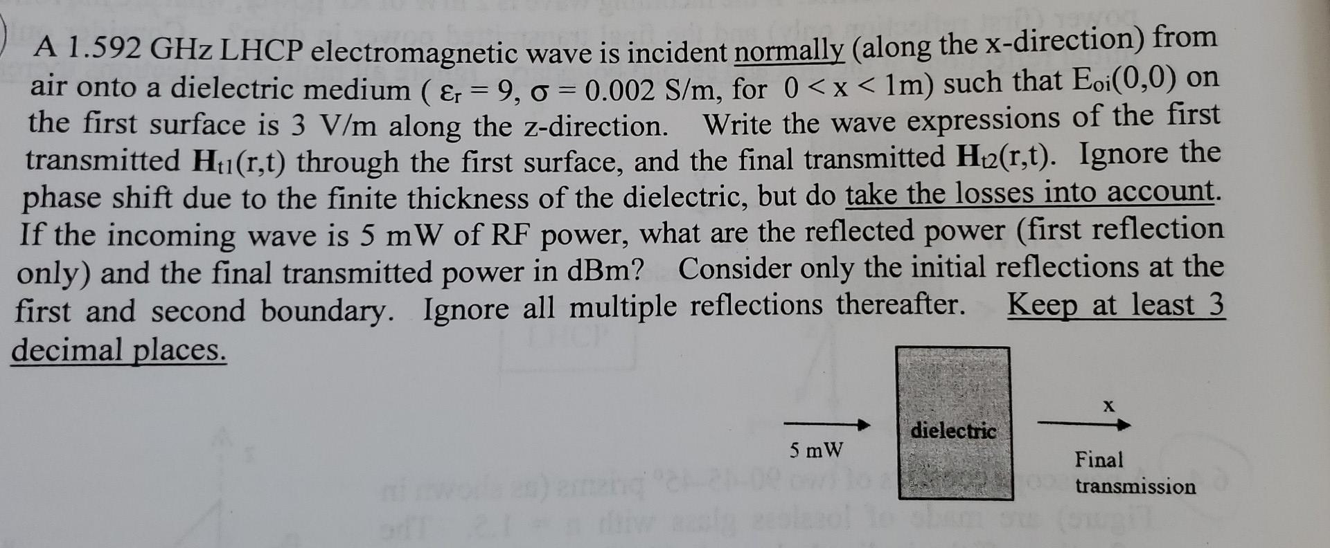 A 1 592 Ghz Lhcp Electromagnetic Wave Is Incident Normally Along The X Direction From Air Onto A Dielectric Medium R 1