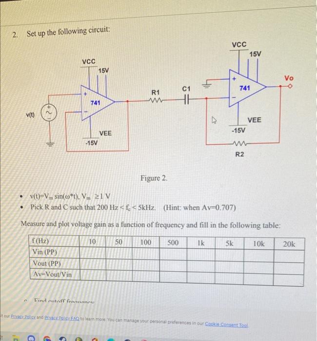 2 Set Up The Following Circuit 31 V T F Hz Vin Pp Vout Pp Av Vout Vin Vcc 6 741 15v C C Find Cutoff Frommaneu 1