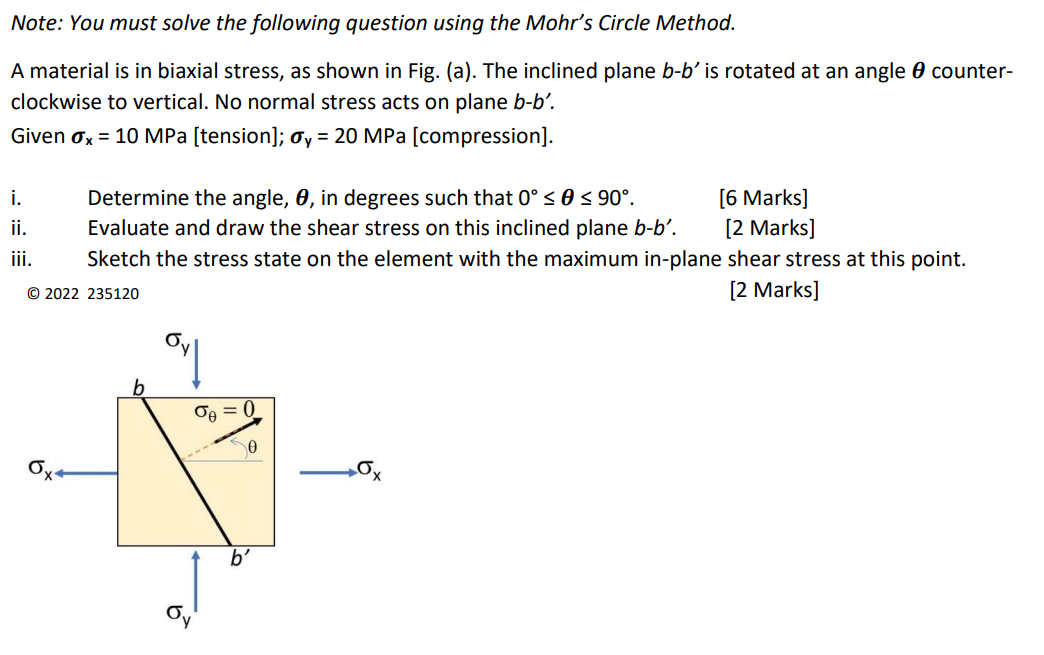 Note You Must Solve The Following Question Using The Mohr S Circle Method A Material Is In Biaxial Stress As Shown In 1