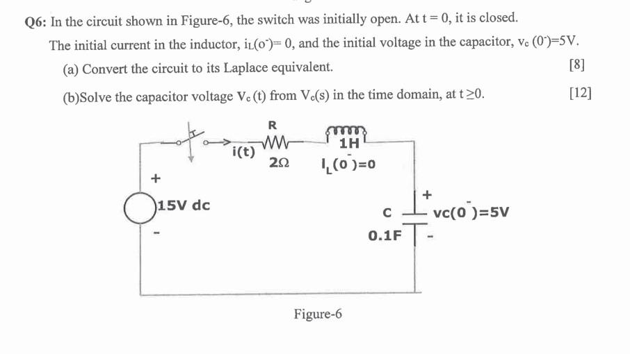 Q6 In The Circuit Shown In Figure 6 The Switch Was Initially Open At T 0 It Is Closed The Initial Current In The 1