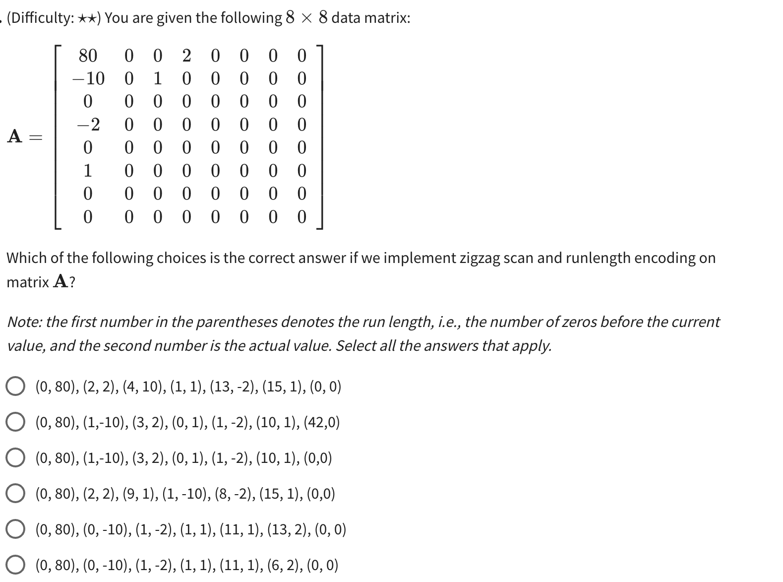 Difficulty You Are Given The Following 8 8 Data Matrix 80 0 0 2 0 0 0 0 10 0 1 0 0 0 0 0 0 0000000 2 000000 1