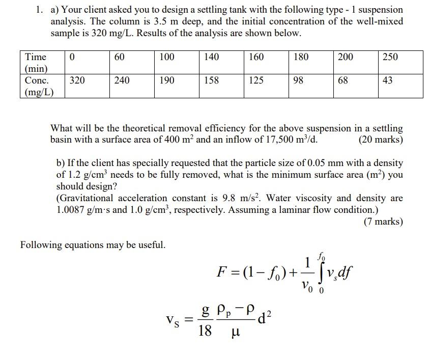 1 A Your Client Asked You To Design A Settling Tank With The Following Type 1 Suspension Analysis The Column Is 3 5 1