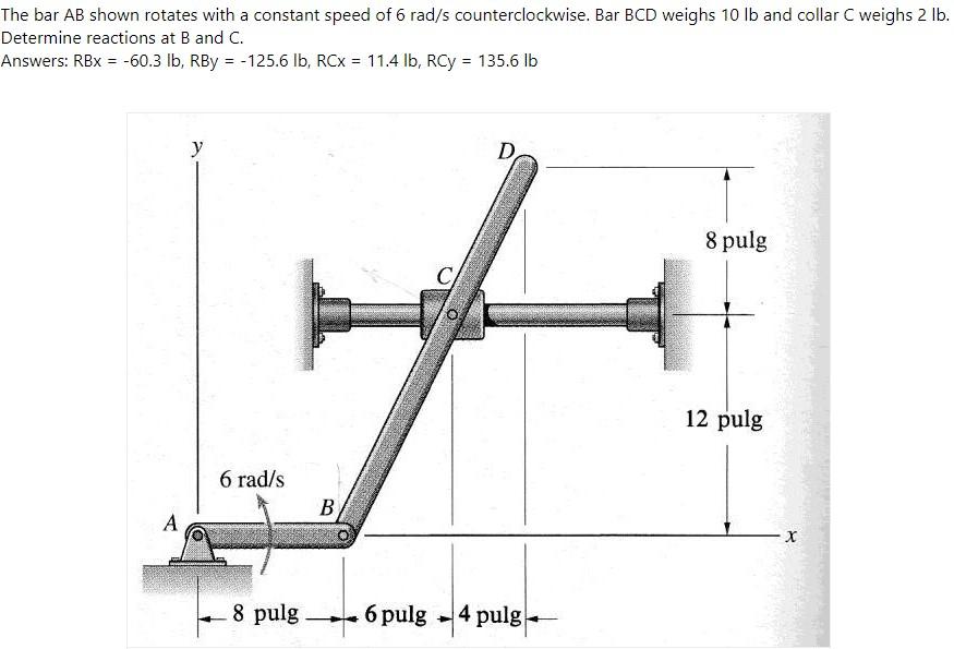 The Bar Ab Shown Rotates With A Constant Speed Of 6 Rad S Counterclockwise Bar Bcd Weighs 10 Lb And Collar C Weighs 2 L 1