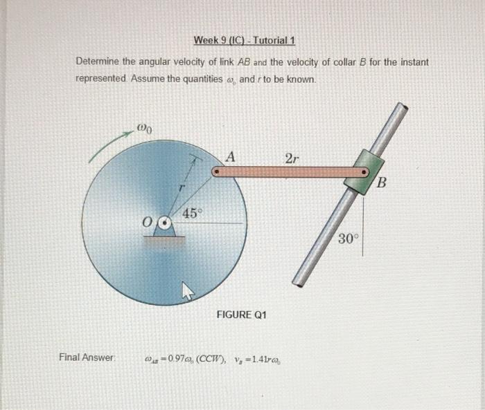 Week 9 Ic Tutorial 1 Determine The Angular Velocity Of Link Ab And The Velocity Of Collar B For The Instant Represent 1