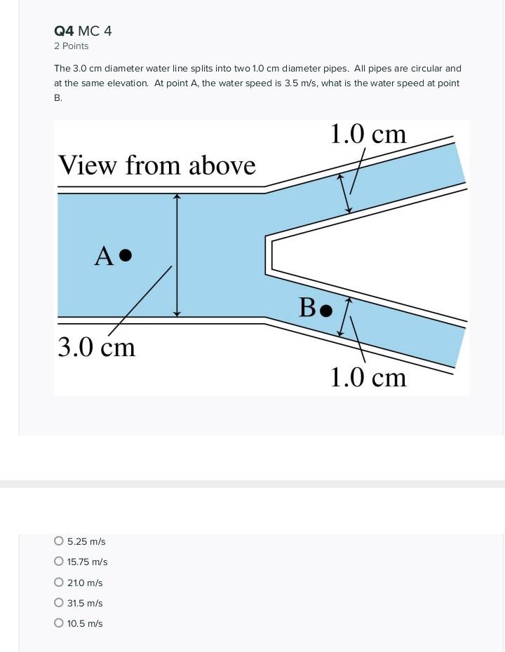 Q4 Mc 4 2 Points The 3 0 Cm Diameter Water Line Splits Into Two 1 0 Cm Diameter Pipes All Pipes Are Circular And At The 1