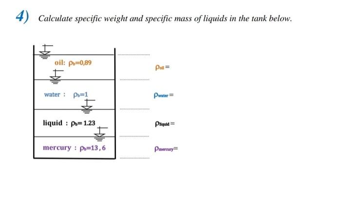 4 Calculate Specific Weight And Specific Mass Of Liquids In The Tank Below Oil P 0 89 Water P 1 Liquid P 1 23 Merc 1