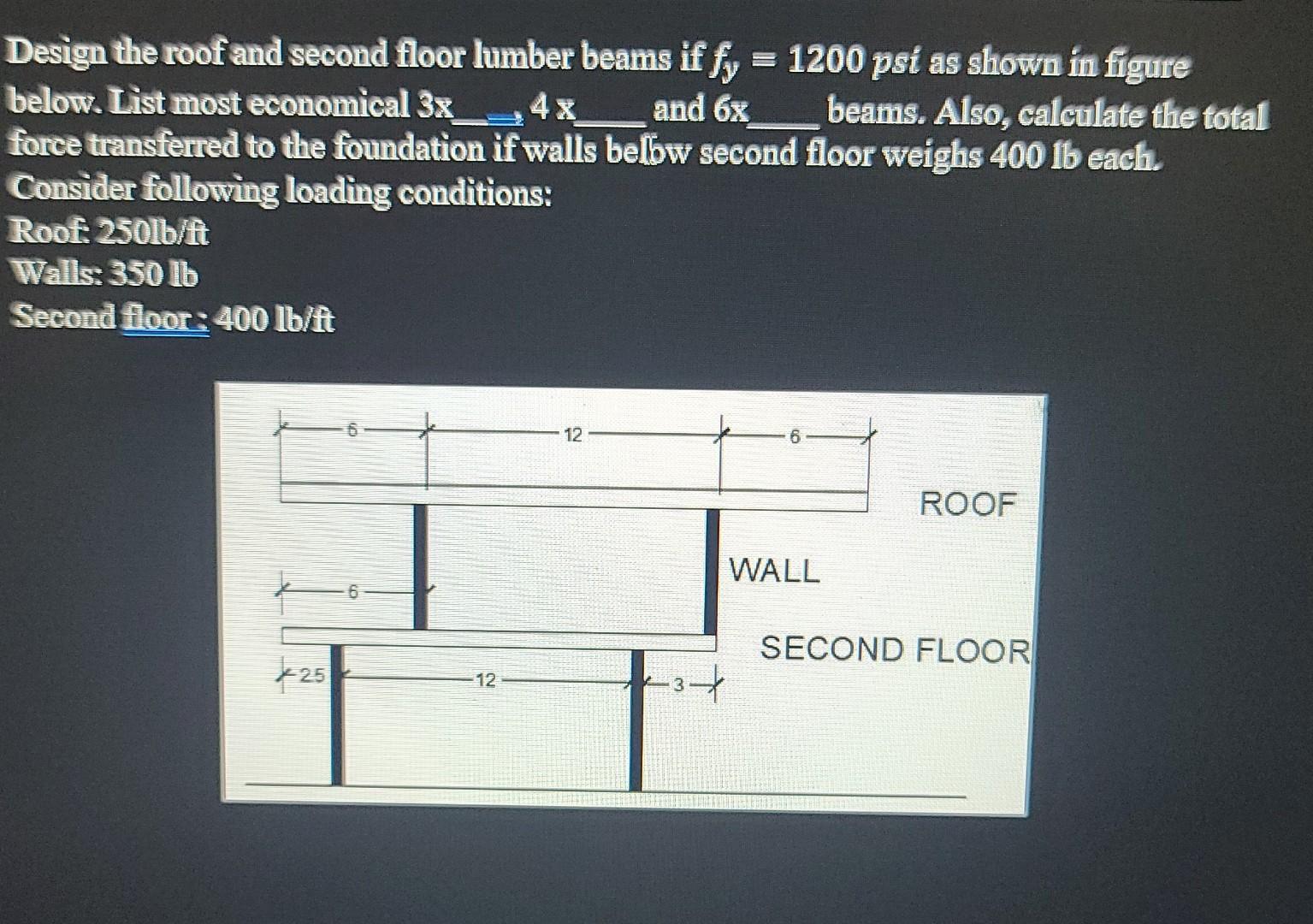 Design The Roof And Second Floor Lumber Beams If Fy 1200 Psi As Shown In Figure Below List Most Economical 3x34x And 1