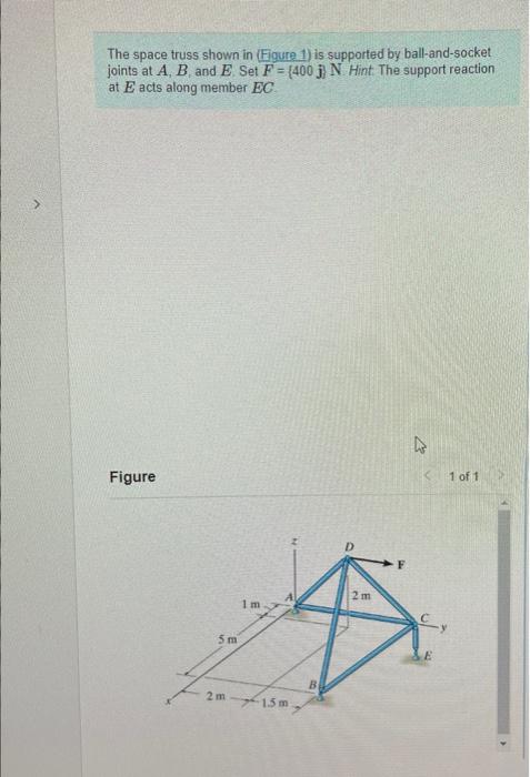 The Space Truss Shown In Figure 1 Is Supported By Ball And Socket Joints At A B And E Set F 400 J N Hint The Su 2