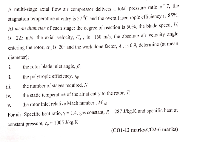 A Multi Stage Axial Flow Air Compressor Delivers A Total Pressure Ratio Of 7 The Stagnation Temperature At Entry Is 27 1