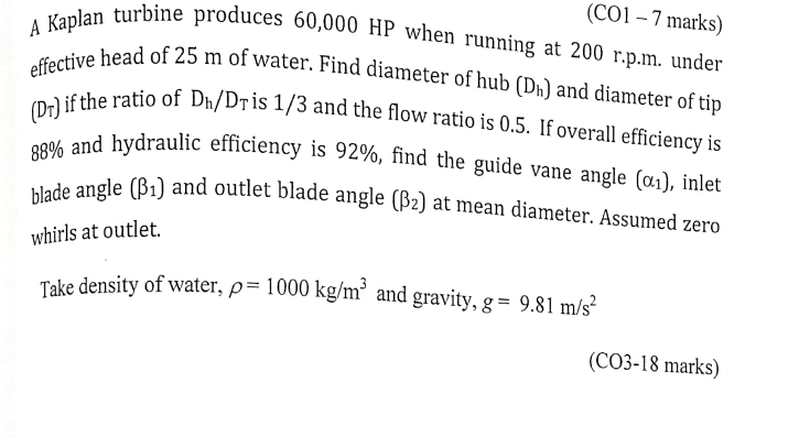Co1 7 Marks A Kaplan Turbine Produces 60 000 Hp When Running At 200 R P M Under Effective Head Of 25 M Of Water Find 1
