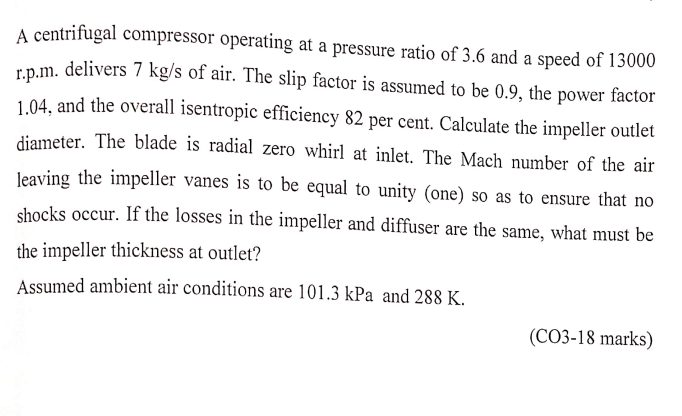 A Centrifugal Compressor Operating At A Pressure Ratio Of 3 6 And A Speed Of 13000 R P M Delivers 7 Kg S Of Air The Sl 1