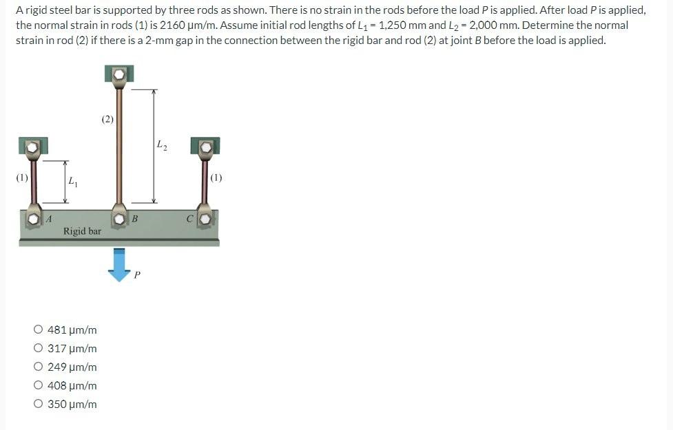 A Rigid Steel Bar Is Supported By Three Rods As Shown There Is No Strain In The Rods Before The Load P Is Applied Afte 1