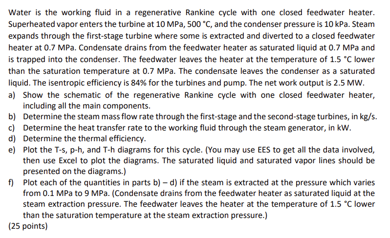 Water Is The Working Fluid In A Regenerative Rankine Cycle With One Closed Feedwater Heater Superheated Vapor Enters Th 1