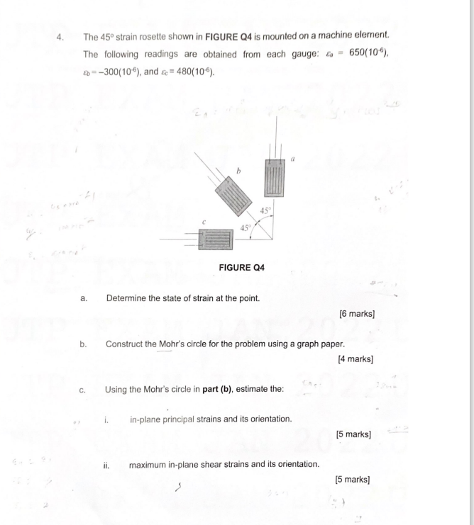 The 45 Strain Rosette Shown In Figure Q4 Is Mounted On A Machine Element 650 10 The Following Readings Are Obtain 1