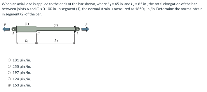 When An Axial Load Is Applied To The Ends Of The Bar Shown Where L 45 In And L2 85 In The Total Elongation Of T 1