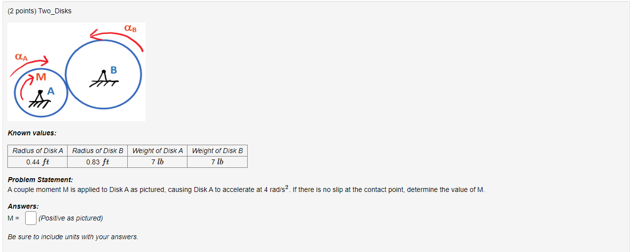 2 Points Two Disks Cla 60 M A Known Values Radius Of Disk A Radius Of Disk B 0 44 Ft 0 83 Ft Ob Answers M Positiv 1