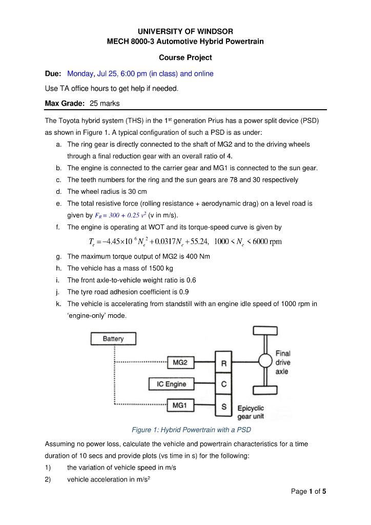 University Of Windsor Mech 8000 3 Automotive Hybrid Powertrain Course Project Due Monday Jul 25 6 00 Pm In Class An 1