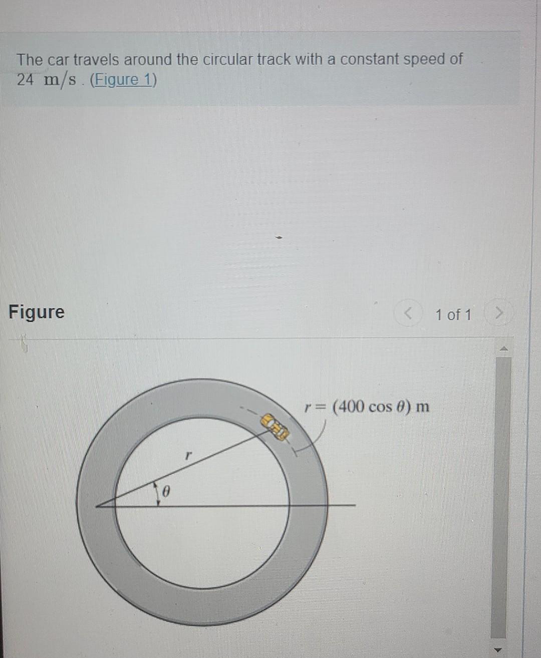 The Car Travels Around The Circular Track With A Constant Speed Of 24 M S Figure 1 Figure R 1 Of 1 R 400 Cos 0 M 1