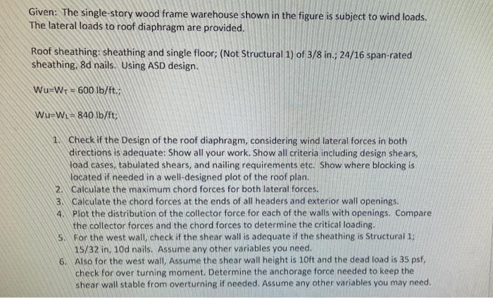 Given The Single Story Wood Frame Warehouse Shown In The Figure Is Subject To Wind Loads The Lateral Loads To Roof Dia 1