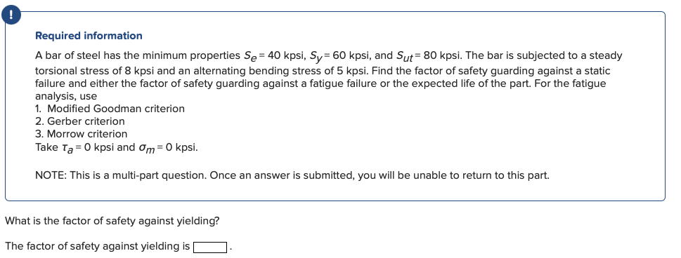 Required Information A Bar Of Steel Has The Minimum Properties Se 40 Kpsi Sy 60 Kpsi And Sut 80 Kpsi The Bar Is Su 1