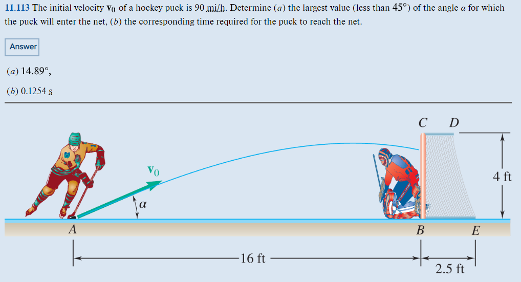 11 113 The Initial Velocity Vo Of A Hockey Puck Is 90 Mi H Determine A The Largest Value Less Than 45 Of The Angle 1