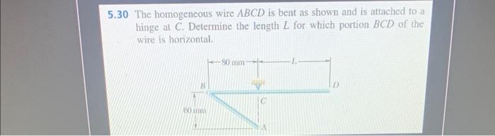 5 30 The Homogeneous Wire Abcd Is Bent As Shown And Is Attached To A Hinge At C Determine The Length L For Which Portio 1