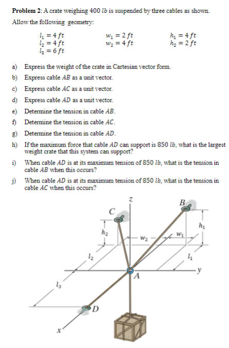 Problem 2 A Crate Weighing 400 Lb Is Suspended By Three Cables As Shown Allow The Following Geometry 4 4 Ft 1 4 1