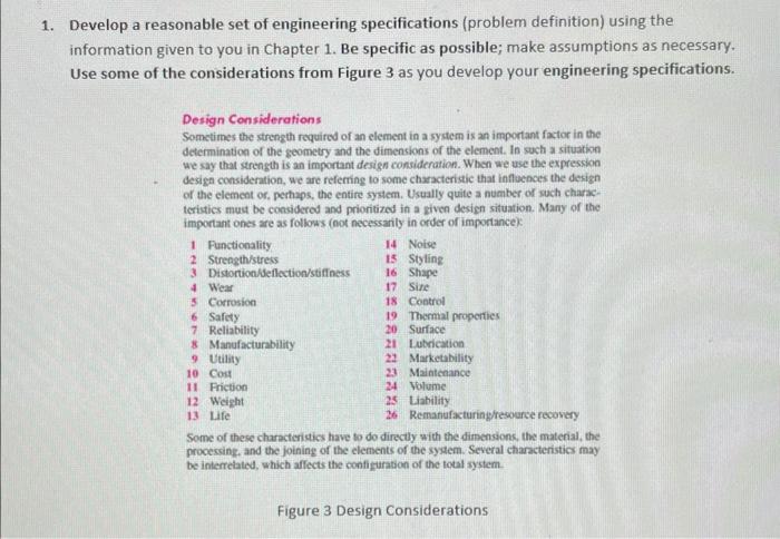 1 Develop A Reasonable Set Of Engineering Specifications Problem Definition Using The Information Given To You In Cha 1