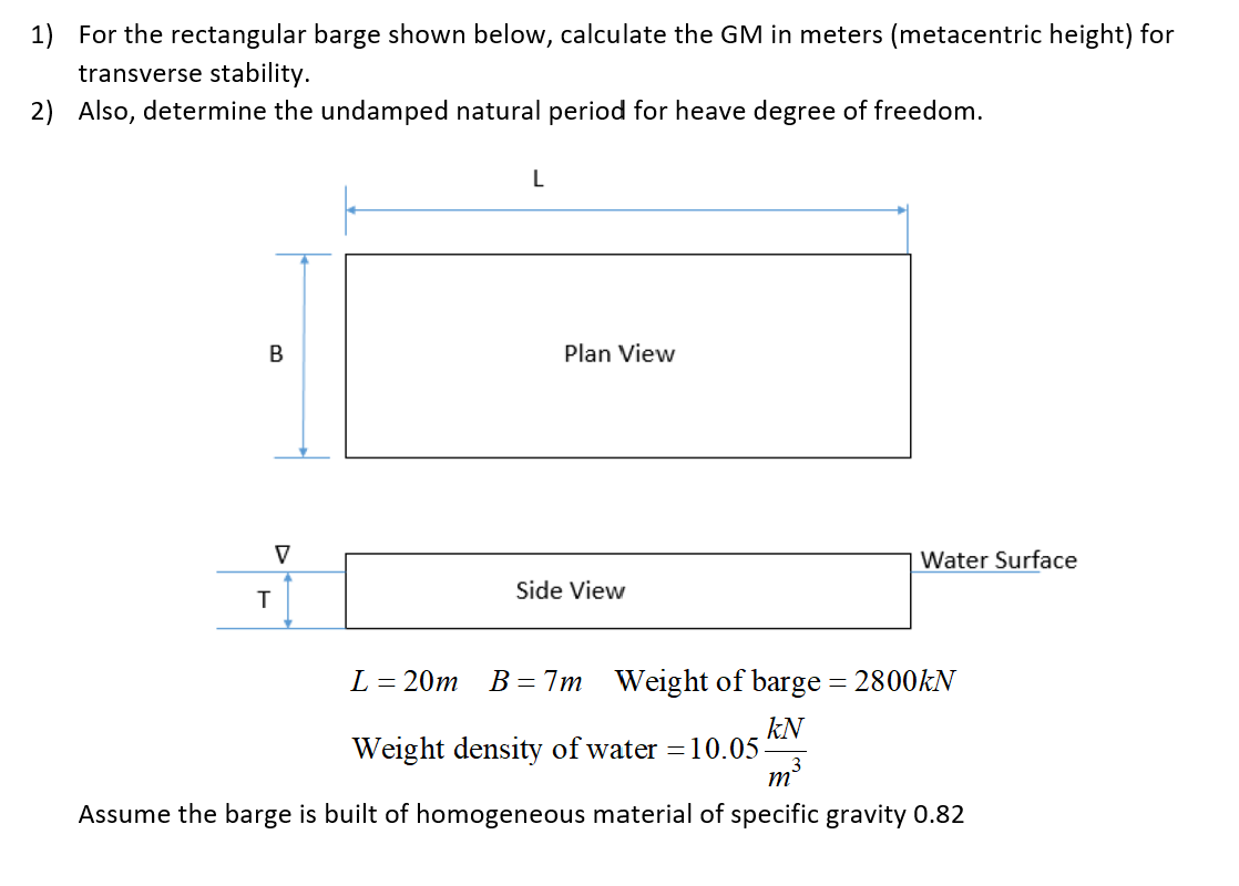 1 For The Rectangular Barge Shown Below Calculate The Gm In Meters Metacentric Height For Transverse Stability 2 A 1