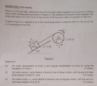 Question 3 35 Marks Block A Of 140 Kg Mass Attached To The End Of A Light Cable Wrapped Round Drum B Is Sliding Down 1