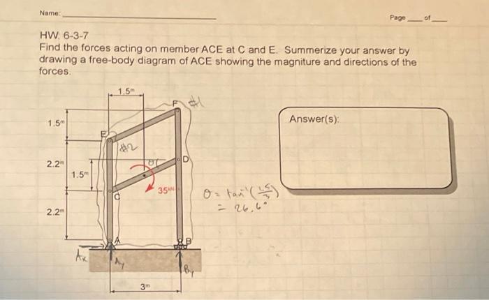 Name Hw 6 3 7 Find The Forces Acting On Member Ace At C And E Summerize Your Answer By Drawing A Free Body Diagram Of 1