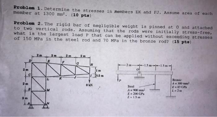 Problem 1 Determine The Stresses In Members Ek And Fj Assume Area Of Each Member At 1300 Mm 10 Pts Problem 2 The 1