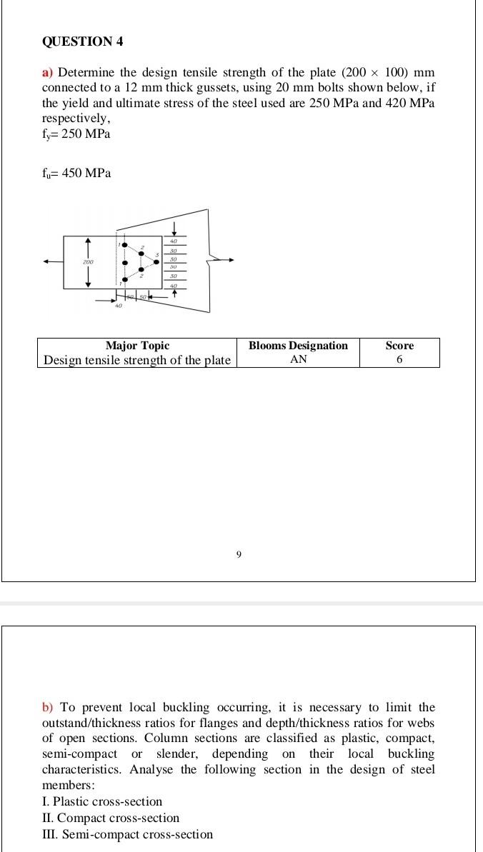 Question 4 A Determine The Design Tensile Strength Of The Plate 200 X 100 Mm Connected To A 12 Mm Thick Gussets Usin 1