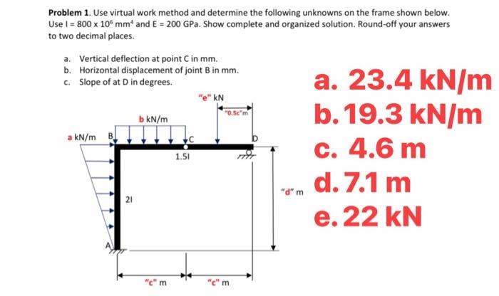 Problem 1 Use Virtual Work Method And Determine The Following Unknowns On The Frame Shown Below Use I 800 X 10 Mm A 1