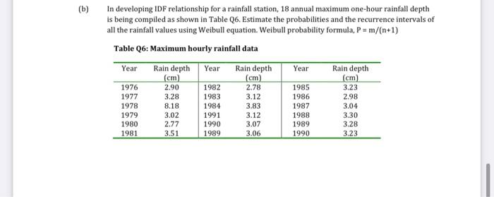 B In Developing Idf Relationship For A Rainfall Station 18 Annual Maximum One Hour Rainfall Depth Is Being Compiled A 1
