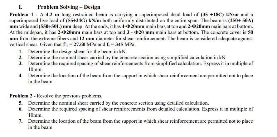 I Problem Solving Design Problem 1 A 4 2 M Long Restrained Beam Is Carrying A Superimposed Dead Load Of 35 18c K 1